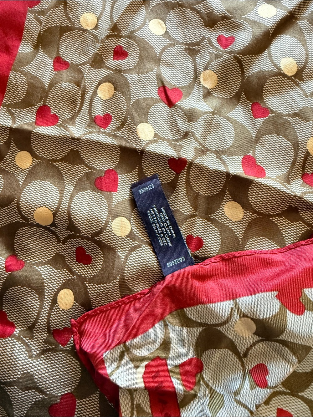 Coach Signature Hearts Silk Scarf – Red Trim Monogram Print Square Scarf - Picture 3 of 3